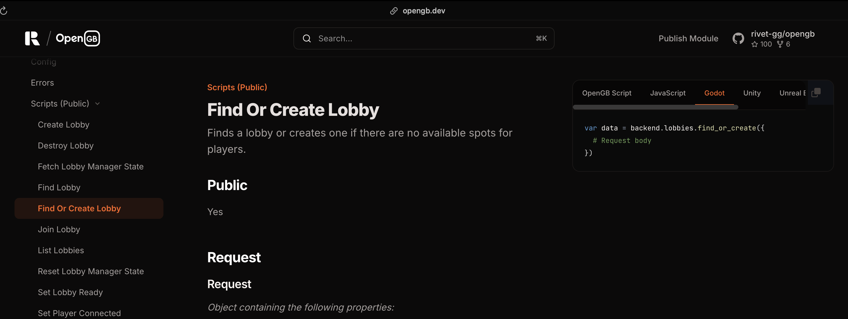 Find lobby OpenGB docs